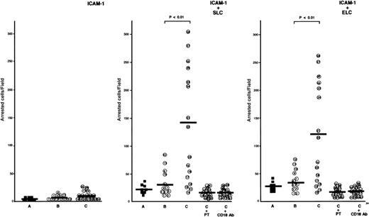 Fig. 3. Comparison of secondary lymphoid-tissue chemokines (SLC)- and EBI1-ligand chemokine (ELC)-induced adhesion of adult T-cell leukemia (ATL) cells from patients with and without lymphoid organ involvement to ICAM-1 under flow conditions. / Cells (106/ml) were perfused onto the coated dish with substrates consisting of ICAM-1 (10 μg/ml) alone or also with SLC (10 μg/ml) or ELC (10 μg/ml) at 1 dyne/cm2 for the first 4 minutes. The number of arrested cells is shown by the total number accumulated as arrested cells for the first 4 minutes in a single field of view (4X objective). The cells are as follows: control CD4+CD45RO+ T cells (A, closed squares) and ATL cells from patients without (B, patients 1 through 12) and with lymphoid organ involvement (C, patients 13 through 28). ATL cells from patients with lymphoid organ involvement were blocked with 100 ng/ml pertussis toxin (PTX) for 1.5 hours at 37°C (C+PT) or with anti-CD18 mAb, 7E4 (20 μg/ml) for 20 minutes at room temperature (C+CD18 Ab) before binding to ICAM-1 with SLC or ELC. Experiments were performed in triplicate. The bars indicate the mean value of each group; the statistical analysis was performed using Student ttest.