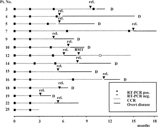 Fig. 1. Prospective longitudinal monitoring by RT-PCR analysis of the ALL1/AF4 transcript in 14 patients who never had conversion to PCR-negative status. / Time 0 corresponds to diagnosis; rel indicates hematologic relapse; BMT, allogeneic bone marrow transplantation; and D, dead.