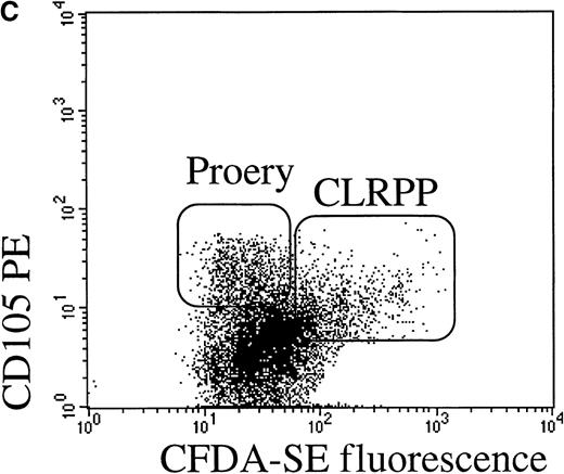 Fig. 1. Flow cytometric cell sorting. / (A) Flow cytometry identified distinct cell generations following 8-day culture (see Materials and methods for details) of fresh isolated CD34+ cells using CFDA-SE fluorescent dye and Modfit LT software (Verity Software House). Each arrow indicates a distinct cell generation or parental cells and the numbers indicate their frequency in the analyzed cells (expressed as a percentage). (B) Sorting strategy to isolate CLRPP from fresh isolated CD34+ cells cultured for 8 days. CLRPP were sorted on R1 window, setting the sorting windows on the basis of the threshold values of green fluorescence identified previously by the Modfit software for each cell generation. In the typical experiment shown in this figure, CFDA-SE-loaded cultured progenitors were costained with CD34 PerCP to document the maintenance of high levels of CD34 expression on R1 sorted CLRPP. (C) Similarly, costaining with CD105 PE shows the expression of intermediate levels of CD105 antigen on CLRPP and intermediate to high levels of CD105 expression on highly proliferating proerythroblasts (Proery).