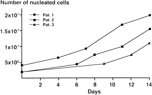 Fig. 1. Growth curves of nonadherent cells generated from AC133+ progenitor cells in liquid cultures with stem cell growth factor and vascular endothelial growth factor. / Proliferating nonadherent cells were obtained with the supernatant, and the number of cells per mL was counted. Three independent experiments are shown. Evaluation of the cell count was performed at various time points, depending on the individual growth pattern in each experiment. Results of 3 independent experiments are shown. Abbreviations: Pat. 1-3, patient 1-3.