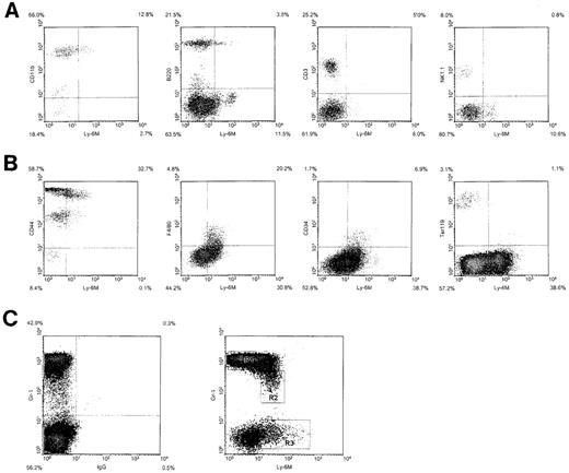Fig. 9. Hematopoietic expression of Ly-6M. / (A) Density plots of peripheral blood leukocytes from wild-type C57BL/6 mice stained with anti–Ly-6M antisera and the indicated lineage markers. The frequency of cells in each quadrant is indicated on the plot. (B) Density plots of bone marrow cells stained with anti–Ly-6M antisera and the indicated markers. (C) Density plot of bone marrow cells stained with Gr-1 versus control IgG (left panel) or Gr-1 versus anti–Ly-6M antisera (right panel). The rectangles define 3 regions used for flow cytometric sorting.
