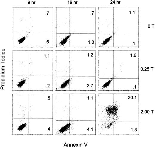 Fig. 9. Thrombin induction of apoptosis demonstrated by Annexin V assay. / PAR-1–transfected B16F10 (S14) cells were incubated without thrombin or with thrombin: 0.25 and 1.5 U/mL for 9, 19, and 24 hours and the degree of Annexin V and propidium iodide binding determined by flow cytometry. Annexin V binds to early apoptotis and late apoptotic/necrotic cells. Propidium iodide binds to late apoptotic/necrotic cells. Percentage of cells in the upper and lower right quadrants is given.