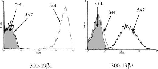 Fig. 1. Binding of anti–IL-12 receptor antibodies to IL-12 receptors. / The 300-19 cell lines transfected with IL-12Rβ1 (300-19β1) or IL-12Rβ2 (300-19β2) were labeled with mouse IgG1, anti–L-12Rβ1 antibody, β44 or anti-IL-12Rβ2 antibody, 5A7 and analyzed by flow cytometry.