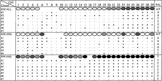 Fig. 6. Bi-allelic methylation of E-cadherin. / The methylation status at each CpG site (1-29), as determined by cloning and sequencing the PCR products amplified from bisulphite-treated DNA from R30, R38, and R99. The direct sequence methylation estimates are shown above (Figure 5). The polymorphism (A or T) identified in each molecule is given in the last column.