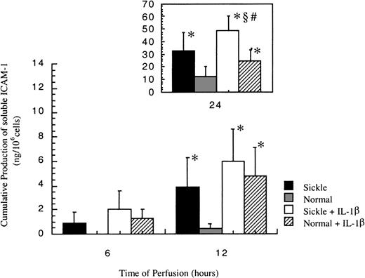 Fig. 6. Soluble ICAM-1 amounts released from ECs after exposure to different perfusing conditions. / The time course is depicted for the release of soluble ICAM-1 by HUVECs after exposure to sickle cell perfusion (Sickle), normal RBC perfusion (Normal), sickle cell perfusion with cytokine (Sickle + IL-1β), and normal RBC perfusion with cytokine (Normal + IL-1β). Data are shown as the mean plus or minus SEM, with n = 6. *Indicates significantly different from values in the matched normal RBC perfusion at the same time points (P < .05); #indicates significantly different from values in the matched normal RBC perfusion with IL-1β at the same time points (P < .05); and§indicates significantly different from values in the matched sickle RBC perfusion without IL-1β at the same time points (P < .05).
