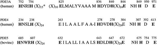 Fig. 5. Alignment of catalytic region and site-directed mutants in 3 PDEs. / Alignment of part of the conserved domains of deduced amino acid sequences of members of 3 PDE families with the invariate histidine and glutamate residues that are likely to form ligands to the metal ion. The bold font indicates mutants of PDE3A from our laboratory (this report and Cheung et al26), mutants of PDE4A,23and mutants of PDE5.24