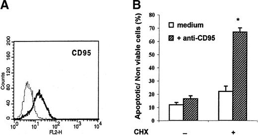 Fig. 1. Monocyte-derived dendritic cells (DC) express CD95 but resist CD95-mediated apoptosis. / (A) Flow cytometry analysis of CD95 membrane expression on DC generated from plastic-adherent peripheral blood mononuclear cells cultured for 6 days in granulocyte-macrophage colony-stimulating factor and interleukin 4. (B) DC were incubated in medium alone (open columns) or in the presence of agonistic anti-CD95 monoclonal antibody (mAb; 1 μg/mL) (solid columns) with or without cycloheximide (CHX; 10 μg/mL). After 18 hours, the percentages of apoptotic or nonviable cells were assessed with use of flow cytometry after staining with fluorescein isothiocyanate–conjugated annexin V and propidium iodide (PI). Data are shown as the mean (± SEM) of the sums of annexin V–single-positive cells, annexin V– and PI–double-positive cells, and PI–single-positive cells in 9 experiments on samples from 9 different donors. * P = .0005 compared with DC incubated with CHX in medium alone (Wilcoxon 2-tailed test).