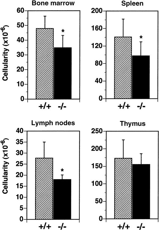 Fig. 3. Reduced cellularity in the BM, spleen, and LN of flt3L−/− mice. / BM was isolated from the 2 femurs of each mouse (n = 25 mice) and cellularity determined. Spleens (n = 14), LN (n = 7), and thymi (n = 11) were isolated, single-cell suspensions prepared, and cell counts were performed. LN counts represent cellularity from 6 LN per mouse (2 inguinal nodes plus 2 brachial nodes plus 2 axillary nodes). Data are presented as the mean ± SD. *P < .0001 for BM, P = .0046 for spleen, and P = .0053 for LN.