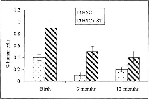 Fig. 5. Donor human cell presence within PB after birth (13, 23, and 65 weeks after transplantation). / To determine whether cotransplanting stroma altered the long-term engraftment/differentiation of donor human cells, sheep that had been transplanted in utero with either HSC alone or in conjunction with autologous stromal cells were allowed to complete gestation and were subsequently analyzed by flow cytometry at birth, 3 months, and 12 months for the presence of human CD45+ cells in their PB. Values represent the mean ± 1 SEM.