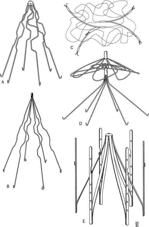 Fig. 1. Diagram of the permanent vena caval filter models. / (A) The stainless steel Greenfield filter. (B) The modified-hook titanium Greenfield filter. (C) The bird's nest filter (D) The Simon nitinol filter. (E) The Vena Tech filter.