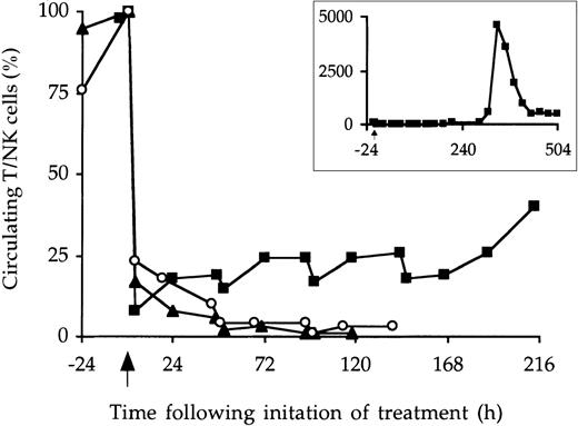 Fig. 6. Number of T/NK cells after IT combination treatment. / Patients 1 (▴) and 4 (○) received 3 and patient 3 (▪) received all of the 4 planned IT combination doses, given as 4-hour infusions at 48-hour intervals. The arrow beneath the x axis indicates the start of the first infusion. T/NK cells were identified by being CD2+ or CD5+ or both. Their number was expressed as percentage relative to the concentration at start of therapy (being 0.7, 1.0, and 0.2 × 109 cells/L for patients 1, 3, and 4, respectively). The inlay figure represents the amount of T/NK cells of patient 3 as determined over a longer period.
