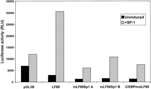 Fig. 6. Transient cotransfection analysis of LF promoter plasmids with an SP1 expression plasmid in Drosophila S2 cells. / Drosophila S2 cells (Sp1 negative) were transiently cotransfected with LF89 and Sp1A, Sp1B, and C/EBP mutant forms of the LF89 plasmid, with and without 5 μg of an expression plasmid for Sp1 (pPACSp1). Cells were harvested 48 hours after transfection and reporter gene activity was assessed. Luciferase values were normalized as per microgram of total protein. One representative experiment of 3 performed in duplicate is shown.