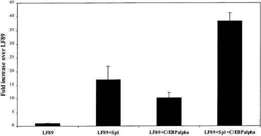 Fig. 7. Sp1 and C/EBP cotransfection with LF89 inDrosophila S2 cells. / Drosophila S2 cells were cotransfected with 10 μg of wild-type LF89 plasmid and 5 μg of an Sp1 expression plasmid (pPAC-Sp1), 5 μg of a C/EBPα expression plasmid (pPAC-C/EBPα), or 5 μg of each expression plasmid. Salmon-sperm DNA was used to normalize the total amount of DNA used in each transfection. Transfected cells were harvested 48 hours after transfection. Normalized luciferase values (per microgram of protein) are represented as a ratio of enzyme activity of LF89 plus expression plasmid to enzyme activity of LF89 without expression plasmid. The mean ± SE value for 3 experiments performed in duplicate is represented.