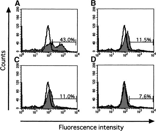 Fig. 6. Effect of IFN-γ on activation of caspase3. / Data show typical results of 3 independent experiments. Cells were incubated with or without rhEPO (10 U/mL) or rhIFN-γ (1000 U/mL), or both, in serum-free medium for 16 hours. Cells were then incubated with caspase3 substrate solution GDEVDGI for 1 hour at 37°C, and flow cytometric analysis was performed. The open histogram shows the fluorescence of day 7 ECFCs as control. Each panel shows data on cells incubated without rhEPO and rhIFN-γ (A), with rhEPO alone (B), with rhIFN-γ alone (C), and together with rhEPO plus rhIFN-γ (D).