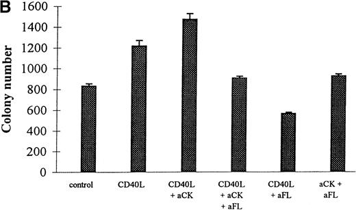 Fig. 4. Effects of CD40L on the proliferation and differentiation of hematopoietic progenitors: neutralization experiments. / CD34+ progenitors (10 000) were cocultured 12 days in contact with ECs with 10% supernatant of nontransfected COS cells (control) or with 10% supernatant of CD40L-CD8α–transfected COS cells (CD40L) in the presence or absence of neutralizing antibodies. Half of the medium was exchanged at day 6 with readdition of the antibodies. At the end of the coculture, cell expansion was measured and cells were plated for colony assay. Colonies were scored at day 14. Results are expressed as the mean ± SD–fold cell expansion (top panel) or colony number (for 105 cells) measured (bottom panel) for 3 experiments (aCK: combination of neutralizing polyclonal anticytokine (IL-1α, IL-1β, IL-6, IL-11, G-CSF, GM-CSF, M-CSF, and LIF) antibodies; aFL: neutralizing polyclonal anti-FL antibody).
