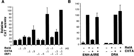 Fig. 3. Synergistic activity of CIITA with RelA and IRF1. / (A) MOLT4 cells were transfected with the HLA-B CAT reporter along with 0.1 or 0.5 μg of expression vectors for CIITA, RelA, or IRF1. The activity with all 3 expression vectors was defined as 100 U. (B) RelA (0.5 μg) and CIITA (0.1 μg) expression vectors were cotransfected with reporter plasmids consisting of the HLA-BENH-A/IRE region placed upstream of the basal metallothionein promoter24 (left panel) or the DRA promoter (right panel).