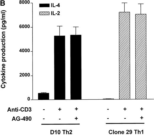 Fig. 1. Th (T-helper) 2 and Th1 clonal cell lines treated with AG-490 show preferential inhibition of interleukin (IL) 4 protein but not after anti-CD3 stimulation. / (A) Th2 clone D10 or Th1 cells (clone 29) were treated with AG-490 or vehicle alone at 37°C for 16 hours. Enzyme-linked immunosorbent analysis (ELISA) results for each cytokine (indicated on ordinate) were plotted on the abscissa as the percentage of inhibition of the mean (± SE; n = 6) from ELISA values as follows: IL-4–dimethyl sulfoxide (DMSO), 497 ± 91 pg/mL, and AG-490, below detection (< 60 pg/mL); IL-5–DMSO, 34 984 ± 4422 pg/mL, and AG-490, 34 585 ± 8504 pg/mL; IL-10–DMSO, 54 689 ± 1554 pg/mL, and AG-490, 38 038 ± 3518 pg/mL; and IL-13–DMSO, 53 907 ± 6398 pg/mL, and AG-490, 66 439 ± 1995 pg/mL. Effects of AG-490 on clone 29 Th1 cytokine values (n = 6) were as follows: interferon γ–DMSO, 1062 ± 96 pg/mL, and AG-490, 1011 ± 18 pg/mL; tumor necrosis factor (TNF) α–DMSO, 1523 ± 108 pg/mL, and AG-490, 1378 ± 96 pg/mL; TNF-β–DMSO 375 ± 23 pg/mL, and AG-490, 307 ± 21 pg/mL; and IL-2–DMSO 13 ± 1 pg/mL, and AG-490, 12.8 ± 1 pg/mL. (B) AG-490 did not block production of IL-4 by D10 and IL-2 by clone 29 after stimulation with anti-CD3. D10 and clone 29 cells were washed, stimulated by coated anti-CD3 antibodies, and treated in the presence or absence of 50 μmol/L AG-490 for 16 hours.