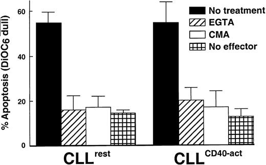 Fig. 5. Effect of EGTA and CMA on CTL-mediated apoptosis of resting (left) and CD40-activated (right) CLL B cells. / A CTL assay was performed with (diagonal hatched bar) or without (black bar) 2 mmol/L EGTA, or CTL effectors were pretreated for 2 hours with 10 nmol/L CMA (open bars). CLL B target cells alone without effector cells (cross hatched bars). Data are the mean of 3 experiments plus or minus SD.