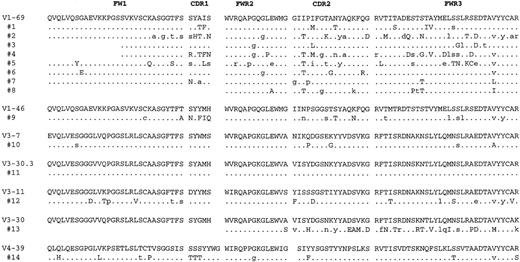 Fig. 3. Deduced amino acid sequences of the consensus lymphomaVH gene segments. / The sequences are compared to the amino acid sequences of the germlineVH gene segments showing the greatest homology where identity is indicated by a dot. The positions of mutations in the nucleotide sequences that would not result in a change in amino acid sequence are indicated by small case letters. Complete nucleotide consensus sequences for these cases are available from the GenBank database (accession numbers AF216816-AF216829).