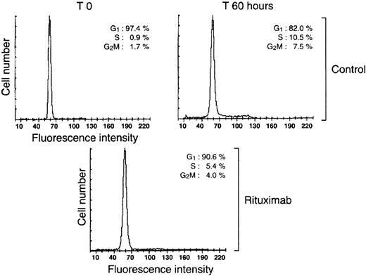 Fig. 2. Rituximab blocks B-cell proliferation before entry into S phase. / Resting tonsillar B cells were stimulated with SAC in the presence or absence of 2 μg/mL rituximab. Cell cycle analysis was performed at the indicated times. The percentage of cells in the different phases of the cell cycle are indicated.