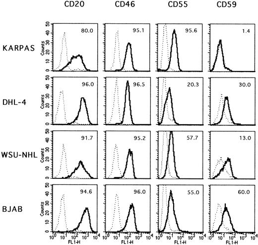 Fig. 8. Phenotype of the lymphoma cell lines. / Exponentially growing cells were stained by indirect immunofluorescence for the indicated surface markers. · · · negative control.__ positive sample. The percentages of positive cells are indicated in each plot.