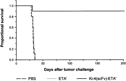 Fig. 3. Antitumor effects of Ki-4(scFv)–ETA′ on disseminated L540rec tumors in SCID mice as documented by Kaplan-Meier. / Groups of 5 animals were treated with PBS, ETA′, or Ki-4(scFv)–ETA′.