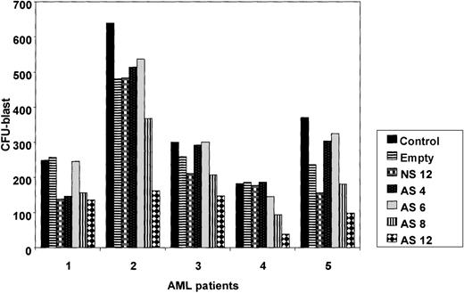 Fig. 10. Influence of Bcl-2-AS on myeloid leukemia clonogenic progenitor growth of primary AML cells. / Data represent average results from 5 different samples. Results are expressed as mean ± SEM of the number of colonies in the presence of increasing concentrations of Bcl-2-AS (4, 6, 8, and 12 μmol/L), compared with control cells or cells treated with nonsense (12 μmol/L) or empty liposomes. Asterisk (*) indicates significance atP < .05. EL, empty liposomes.