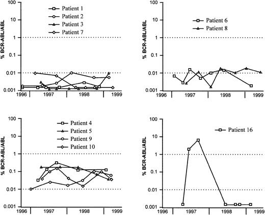 Fig. 2. Evolution of the BCR-ABL/ABL ratio in CML patients treated with IFN- (patients 1-10) or BMT (patient 16). / The BCR-ABL/ABL ratio kinetics for patient 16 is characteristic of a transient relapse. Other patients in CCR after BMT are not shown because they usually have BCR-ABL/ABL ratios close to 0.002%.