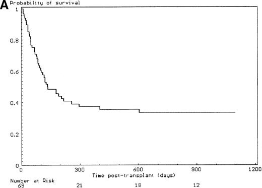 Fig. 2. Outcome and influence of the malformative syndrome extent, the use of androgens before transplantation, and of T-cell depletion on the 3-year overall survival. / (A) 3-year outcome of the 69 FA patients transplanted with HLA-matched unrelated donors. (B) Effect of the malformative syndrome extent. Patients with a limited malformative syndrome (< 3 anatomic sites) had a 3-year survival of 44% versus 14% if the syndrome was extensive (≥ 3 anatomic sites) (P = .01, log-rank test). (C) Effect of pretransplant androgen therapy. Patients who did not receive androgen therapy had a 3-year survival rate of 49% versus 21% if they had received androgen therapy (P < .03, log-rank test). (D) Effect of T-cell depletion. Patients who received a T-cell–depleted transplant had a 3-year survival of 44% versus 27% if the graft was not T-cell–depleted (P = .33, log-rank test).