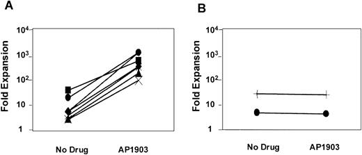 Fig. 3. MFM-transduced CD34+ cord blood cells consistently expand in the presence of AP1903. / The maximal level of cell expansion of MFM-transduced (A) and mock-transduced (B) cord blood cells was plotted for each of the experiments listed in Table 1. Each line represents one experiment. The addition of AP1903 resulted in a 13.8-fold to 186-fold expansion compared with cells cultured in the absence of AP1903.