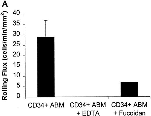 Fig. 2. Rolling flux of CD34+ ABM cells on P- and L-selectin at a shear rate of 210 s−1. / Rolling flux, rolling velocity, and rolling concentration were determined at 10 shear rates for P- and L-selectin, but only the rolling flux at a representative shear rate of 210 s−1 is shown. In control experiments, cells were perfused with 5 mmol/L EDTA or 10 μg/mL fucoidan. (A) Rolling flux on P-selectin chimera. (B) Rolling flux on L-selectin chimera. Data for control experiments represents single experiments and is compared with the mean rolling flux for 3 independent experiments ± SEM.