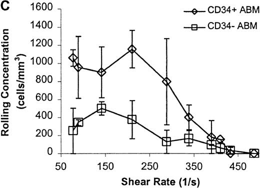 Fig. 3. CD34+ and CD34− ABM cells rolling on E-selectin. / Cells were subjected to wall shear rates from 487 s−1to 77 s−1 on E-selectin chimera adsorbed at 2 μg/mL on silanated glass. (A) Rolling flux. Rolling flux was determined at 10 shear rates for each experiment. (B) Rolling velocity. Rolling velocities were determined for every rolling cell at each shear rate for which there were 2 or more rolling cells and then averaged at each shear rate for each experiment. At higher shear rates for which there were < 2 rolling cells, mean rolling velocity is not presented. (C) Rolling concentration. Rolling concentration ( = rolling flux/mean rolling velocity) was determined at 10 shear rates for each experiment. Each data point represents results from 2 independent experiments. Data are presented as mean ± SEM.