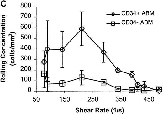Fig. 4. CD34+ and CD34− ABM cells rolling on P-selectin. / Cells were subjected to wall shear rates from 487 s−1to 77 s−1 on P-selectin chimera adsorbed at 2 μg/mL on silanated glass. (A) Rolling flux. (B) Rolling velocity. (C) Rolling concentration. Each data point represents results from 3 independent experiments. Data are presented as mean ± SEM.