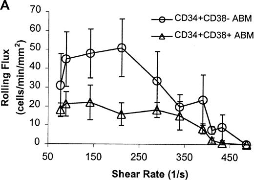 Fig. 7. CD34+CD38− ABM and CD34+CD38+ ABM cells rolling on P-selectin. / (A) Rolling flux. (B) Rolling velocity. (C) Rolling concentration. Each data point represents results from 3 independent experiments. Data are presented as mean ± SEM.