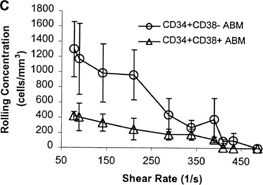 Fig. 7. CD34+CD38− ABM and CD34+CD38+ ABM cells rolling on P-selectin. / (A) Rolling flux. (B) Rolling velocity. (C) Rolling concentration. Each data point represents results from 3 independent experiments. Data are presented as mean ± SEM.