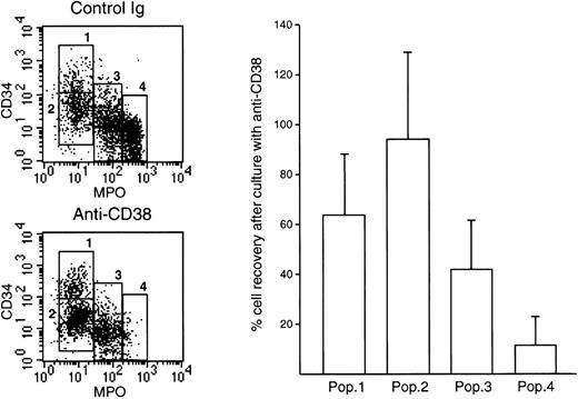 Fig. 2. CD38 ligation induces a block in normal myeloid cell differentiation. / CD34+ cells were cultured for 7 days on allogeneic bone marrow stromal layers in the presence of anti-CD38 (T16) or of a control nonreactive Ig. After culture, 4 phenotypically distinct cell populations could be identified by staining with anti-CD34 PE and anti-MPO FITC (left panels). Right panel shows percent cell recovery of each of the 4 subpopulations in the presence of anti-CD38 as compared with parallel control cultures with nonreactive Ig; results are mean (± SD) of 8 experiments.
