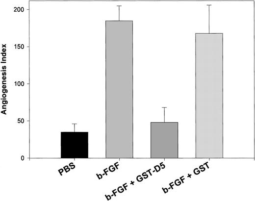 Fig. 6. Inhibition of angiogenesis in CAM stimulated by FGF2 by GST D5. / The difference between control (PBS)- and FGF2-stimulated angiogenesis index in CAM is highly significant (P < .01). The difference between FGF2 + GST-D5 and FGF2 + GST D5 is highly significant (P < .01).