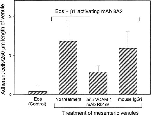 Fig. 8. Stimulation with β1-activating mAb 8A2 results in stable arrest of rolling eosinophils in IL-1β–stimulated mesenteric venules. / Eosinophils were incubated ex vivo with anti-β1 integrin–activating mAb 8A2 (20 μg/mL) for 3 to 5 minutes prior to administration of eosinophils into the rabbit mesentery. The ability of the rolling eosinophils to adhere firmly in postcapillary venules (treated with anti-VCAM-1 mAb Rb 1/9 or control antibody (IgG1) (as described in Figure 7) was determined. The results represent the number of adherent eosinophils per 250 μm length of venule (mean ± SD) during the 5 minutes of eosinophil infusion after resumption of blood flow. Eosinophil control vs eosinophil and β1-activating mAb 8A2 (P = .02); eosinophil and β1-activating mAb 8A2 vs anti-VCAM-1 mAb Rb 1/9 (P = .04): anti-VCAM-1 vs mouse IgG1 control (P = .05).