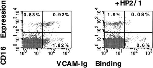 Fig. 3. CD16-positive human peripheral blood natural killer cells constitutively bind sVCAM-1. / Human peripheral blood lymphoid cells were isolated as described in “Materials and Methods”. Cells were resuspended in Tyrode's buffer containing 1 mmol/L, CaCl2, 1 mmol/L MgCl2, and 0.1% BSA. In the presence or absence of the function blocking anti-α4 mAb HP2/1 (10 μg/mL), 7 Ig-domainVCAM-Ig (20 μg/mL) was added, and cells were incubated for 30 minutes at room temperature. After they were washed, cells were incubated with FITC-anti-CD16 mAb.3G8 Binding of VCAM-Ig was detected with PE-conjugated donkey antihuman IgG as described in “Materials and Methods.” The percentage of cells in quadrants is indicated. Results are representative of 3 separate experiments.