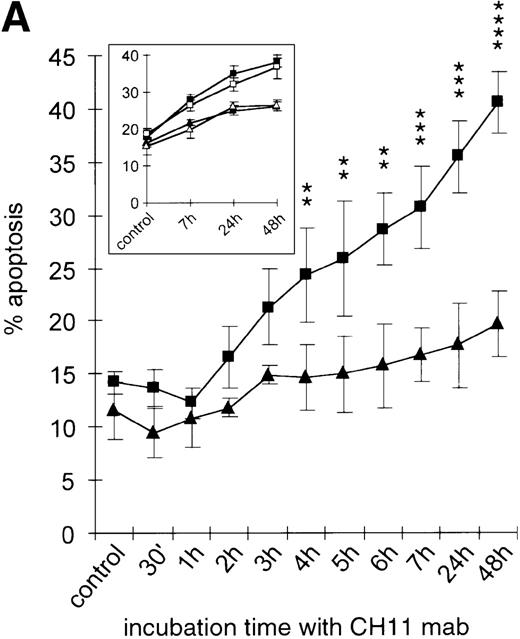 Fig. 5. Kinetics of apoptosis induction by CH11 mAb and effects of IL-15 pretreatment. / (A) RPMI 8226 cells were either treated with IL-15 (10 ng/mL) or left untreated for 16 hours prior to addition of the agonistic anti-Fas mAb CH11 (50 ng/mL). The percentages of early and late apoptotic cells were determined 30 minutes to 48 hours after CH11 mAb addition. Results from 4 independent experiments ± SEM are given. Specificity control of IL-15 signaling via IL-2Rβ. Cells were pretreated with an anti–IL-2Rβ mAb (2.5 μg/mL; □) or an isotype-matched control mAb (Δ) 30 minutes prior to stimulation with IL-15 and CH11 mAb. The extent of apoptosis induction at 7, 24, and 48 hours was compared to that of cells treated with either CH11 mAb alone (▪) or the combination of IL-15 and CH11 mAbs (▴). Mean values ± SEM of 3 independent experiments are given. (B) Dose-dependence of IL-15 prestimulation to inhibit Fas-induced cell death. IM-9, MC-Car, and RPMI 8226 cells were stimulated with increasing concentrations of IL-15 (0-100 ng/mL) 16 hours prior to addition of CH11 mAb (50 ng/mL). The percentages of apoptotic cells were determined 7 hours after Fas-triggering by CH11 mAb (50 ng/mL). Results from 3 independent experiments ± SEM are given. (C) Dose-dependence of CH11 mAb-induced apoptosis in RPMI 8226 cells. Cells were treated for 24 hours with increasing concentrations of CH11 mAb, and the percentages of apoptotic cells were determined. Statistical analysis revealed a significant increase in the apoptotic cell fraction following CH11 mAb treatment compared with untreated cells (control versus 50 ng/mL:P = .02; control versus 100 ng/mL: P = .002; control versus 250 ng/mL: P = .001; control versus 500 ng/mL:P = .0007). No significant difference was observed when comparing the effects of 50 ng/mL with those at higher concentrations of CH11 mA: 50 ng/mL versus 100 ng/mL: P = .2; 50 ng/mL versus 250 ng/mL: P = .1; and 50 ng/mL versus 500 ng/mL:P = .07. (D) Interdependence of the IL-15 and Fas-pathways in RPMI 8226 cells. RPMI 8226 cells were pretreated with IL-15 (10 ng/mL) 16 hours prior to the addition of increasing concentrations of CH11 mAb (10-250 ng/mL). The percentages of apoptotic cells were determined 24 hours after CH11 mAb addition. Results of 3 independent experiments ± SEM are given, and P values were as follows: 10 ng ± IL-15: P = .0009; 20 ng ± IL-15:P = .0009; 50 ng ± IL-15: P = .001; 100 ng ± IL-15: P = .003; and 250 ng ± IL-15:P = .08. Apoptotic cells were detected by the annexinV/FITC/PI assay, and the sum of the percentages of early and late apoptotic cells was calculated as the percentage of the apoptotic cell fraction. Statistical analyses were done using a Fisher's PLSD test, and statistically significant different results are marked. *P < .05; **P < .01; ***P < .005; and **** P < .001.