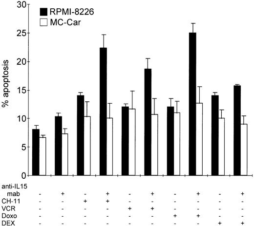 Fig. 6. Blocking autocrine IL-15 increases cell death of myeloma cells induced by Fas-triggering, vincristine, or doxorubicin treatment but not that induced by dexamethasone. / RPMI 8226 and MC-Car cells were cultured in the absence or presence of anti–IL-15 mAb (5 μg/mL) for 48 hours and treated with CH11 mAb (10 ng/mL), vincristine (VCR, 2 μg/mL), doxorubicin (Doxo, 2 μg/mL), or dexamethasone (DEX, 1 μmol/L) for another 16 hours. The bars indicate the mean percentages of apoptotic cells ± SEM determined in 3 independent experiments.