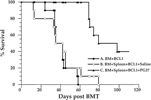 Fig. 6. Survival of BALB/c recipients given BCL-1 leukemia/lymphoma cells. / BALB/c mice were injected intraperitoneally with 10 × 106 BCL1 cells from BALB/c leukemic donors. Twenty-four hours later, they were lethally (8 Gy) irradiated, then injected intravenously with B10D2 bone marrow cells (2.5 × 106) or bone marrow cells (2.5 × 106) plus spleen cells (10 × 106). These BCL1-bearing recipients were divided into 3 groups. Group A (n = 10) BCL1-bearing recipients received bone marrow cells alone. Group B (n = 10) BCL1-bearing recipients received bone marrow plus spleen cells. Group C (n = 10) BCL1-bearing recipients received bone marrow plus spleen cells and PG27 for the first 35 days after transplantation. Data are pooled from 2 similar experiments.