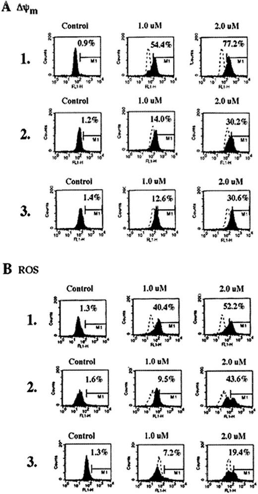 Fig. 4. Reduction of the mitochondrial membrane potential (▵Ψm,) (A) and production of ROS (B) in untreated control or As2O3-treated (7 days) HL-60/neo, HL-60/Bcr-abl, and K562 cells. / As2O3 treatment increased the percentage of HL-60/neo, HL-60/Bcr-abl, and K562 cells, which displayed low ΔΨm and high ROS production. Data are representative of 3 independent experiments.