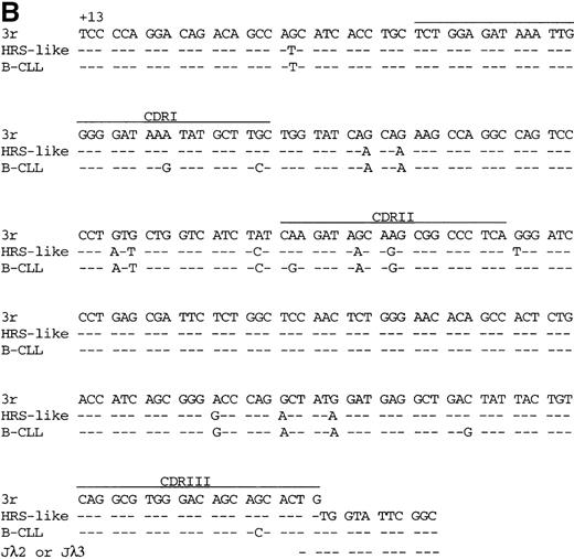 Fig. 2. V gene sequences from patient 1. / Sequences of (A) the VH4 gene rearrangement and (B) the potentially functional Vλ3 gene rearrangement of the HRS-like and B cells of CLL are compared to the most homologousV germline genes and J segments.35-38Dashes indicate sequence identity. Codons are numbered according to Kabat et al.34 CDRI-CDRIII are indicated.