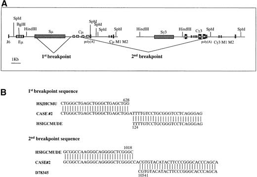Fig. 3. Graphic representation of the 2 breakpoints in case No. 2. / (A) The 3kb 5′Sμ aberrant fragment was amplified by long-distance inverse PCR. Genomic DNA from case No. 2 was digested with SphI, was self-ligated, and long-distance inverse PCR was performed using 4 primers (5MFA, 5MRA, 5MFB, 5MRB) internal to the 5′Sμ region. The 2 breakpoints were generated by a deletion from the Sμ region to just upstream of Cμ exon 1 and a second deletion from Cμ exon 3 to γ 3 sequences, upstream of the 2 membrane exons. Eμ = intronic enhancer, Sμ = switch μ region, Cμ = constant μ exons, M1, M2 = exons for membrane form, Sγ = switch γ region, Cγ3 = constant γ3 exons. (B) Alignment of the breakpoint regions of case No. 2 with germline GenBank sequences. Numbers indicate the nucleotide position at which the breakpoint occurred within the corresponding GenBank sequence. These breakpoint sequences are available from GenBank under accession numbers AF156 531 and AF156 532. HSJHCMU = GenBank nucleotide sequence of the IgH Sμ region, HSIGCMUDE = GenBank nucleotide sequence of the human IgH Cμ and Cδ genes, D78 345 = GenBank nucleotide sequence of the human Ig γ heavy chain.