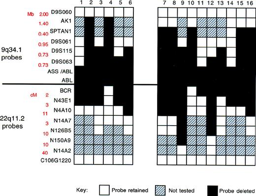 Fig. 5. Summary of FISH mapping of deletions. / Locus-specific probes from 9q34.1 and 22q11.2, together with corresponding genomic27 and physical map28data, are shown on the left. White boxes indicate region retained (2 FISH signals/metaphase cell); black boxes, region deleted (1 FISH signal/metaphase cell); and gray boxes, not performed.