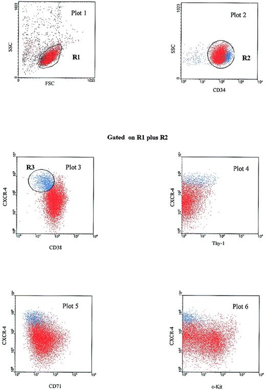 Fig. 3. PB Inc+CD34+CXCR-4high cells have a primitive progenitor phenotype. / PB CD34+ cells were purified after incubation on a plastic support (Inc+), stained for CD34-PerCP, CD38-FITC, CD71-PE, c-Kit-PE, or Thy-1-PE and CXCR-4-biotin-APC and analyzed by 4-color cytometry. A first dot plot (FSC versus SSC) was produced to select the lymphomonocytic cell population in a first gate (R1). A second dot plot (CD34-PerCP versus SSC) was displayed on the R1 gate. The CD34+ population was then selected by a second R2 gate. Dot plots 3 to 6, displayed on the additive regions R1 plus R2, show CXCR-4-APC versus CD38-FITC, Thy-1-PE, CD71-PE, and c-Kit-PE expression. On plot 3, a blue gate (R3) was drawn around the cell population coexpressing a high level of CXCR-4 and a low level of CD38. Cells corresponding to the R3 gate (CXCR-4highCD38low subset) are shown in blue on each dot plot. The results shown are from 1 experiment out of the 8 performed.