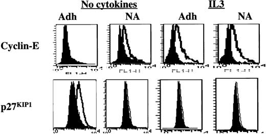 Fig. 6. Presence of IL3 during the adhesion assay. / Presence of IL3 during the adhesion assay prevents up-regulation of p27KIP1 and allows up-regulation of cyclin-E. Mobilized blood CD34+ cells cultured for 48 hours in serum-free medium with low-dose cytokines were incubated with 8A2 and plated, with or without 10 ng/mL IL3, in PLL- or FN-coated wells for 12 to 16 hours. Adherent and nonadherent cells were collected separately, fixed, permeabilized, washed, and incubated with antibodies directed at p27KIP1 and cyclin-E (open histogram) or isotype control (closed histogram) at room temperature for 30 minutes, followed by FITC-conjugated goat antimouse immunoglobulin. A representative example of 3 individual experiments is shown. Adhesion to PLL in the presence or absence of IL3 did not affect the expression level of cyclin-E or p27KIP1 (not shown). However, up-regulation of p27KIP1 and down-regulation of cyclin-E levels are prevented when IL3 is present during the adhesion assay.