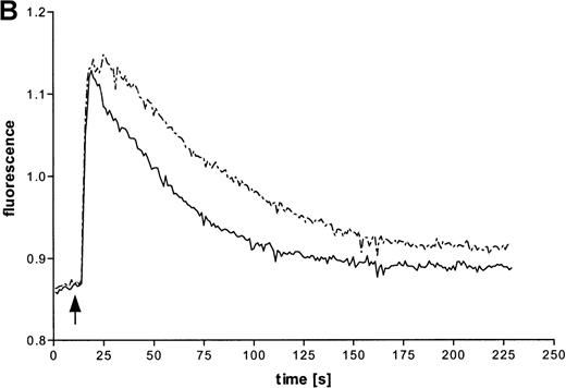 Fig. 2. Effects of ATP on intracellular Ca++transients in eosinophils. / (A) Cells were labeled with fura-2 and stimulated in the absence of EGTA with ATP in three concentrations: 1 mmol/L (——), 100 μmol/L (-—-), and 10 μmol/L (—-). Representative data of 1 experiment are shown. The experiments were repeated 5 times with similar results. (B) Cells were labeled with fura-2 and stimulated in the absence (-—-) or presence (——) of 4 mmol/L EGTA with 100 μmol/L ATP. (C) Eosinophils were pretreated without (——) or with (—-) 300 μmol/L oxidized ATP for 2 hours at 37°C, labeled with fura-2, and stimulated with 100 μmol/L ATP.
