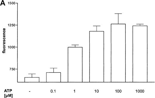 Fig. 4. (A) Dose dependency of ATP-induced CD11b expression in eosinophils. / Eosinophils were stimulated with the indicated concentrations of ATP and then incubated for 30 minutes at 37°C. The reaction was stopped by diluting the sample with 100-fold ice-cold buffer. Samples were incubated on ice for 40 minutes with PE-conjugated anti-CD11b mAbs and then analyzed by flow cytometry. Data are means ± SEM (n = 5). (B) Representative histogram of anti-CD11b–stained eosinophils stimulated with control buffer (➀) compared to stimulation with 0.1 mmol/L ATP (③). Histogram ➁ represents the isotype control. Representative data of 1 experiment are shown. The experiments were repeated 5 times with identical results.